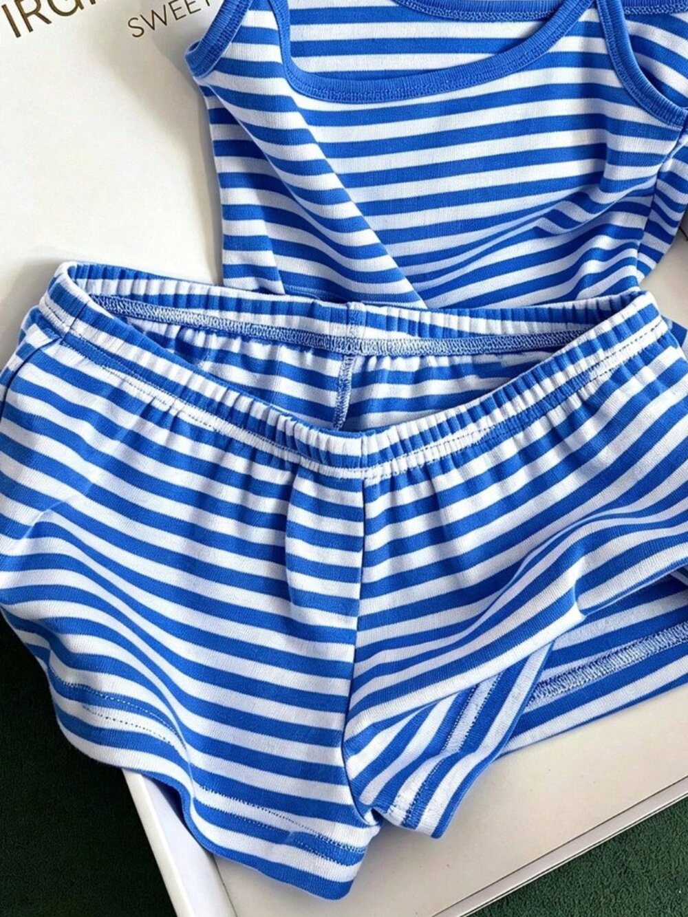 Baby Blue Casual Women's Striped Colorblock Cami Top And Shorts Set